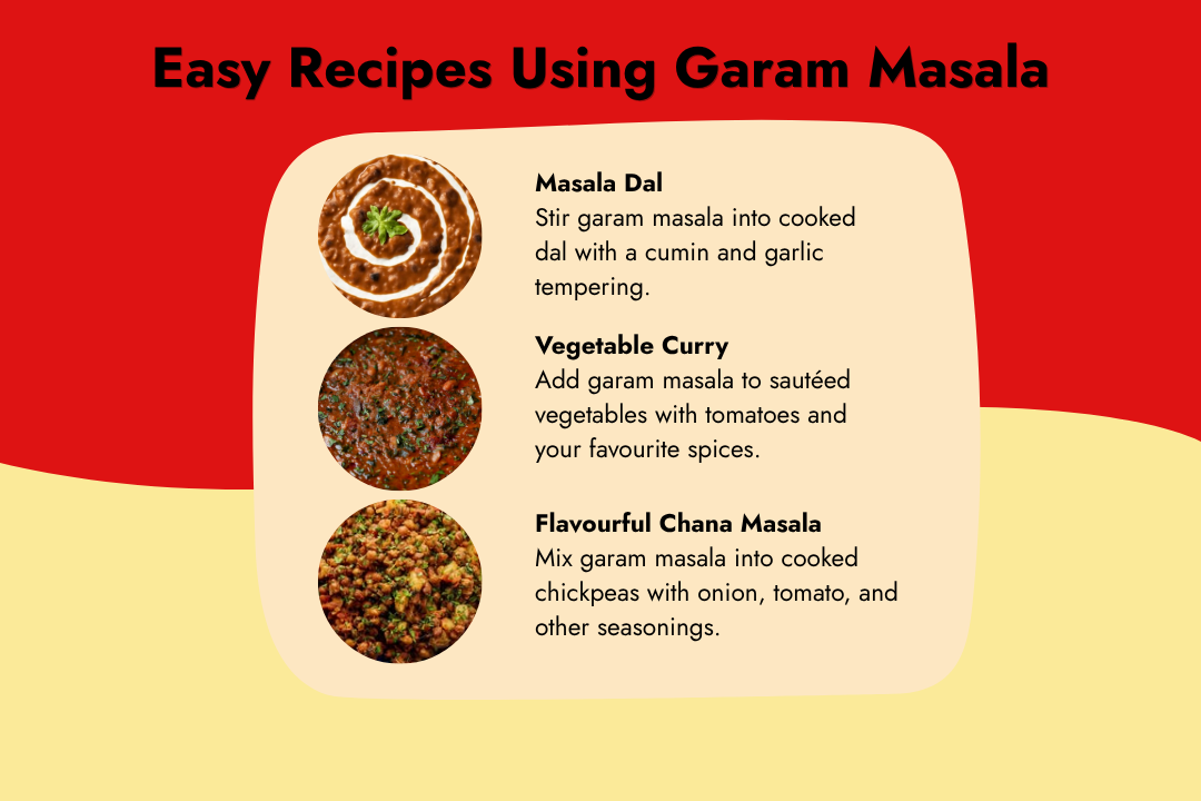 Easy Indian recipes using Tito’s Organic Garam Masala, including masala dal, vegetable curry, and chana masala.