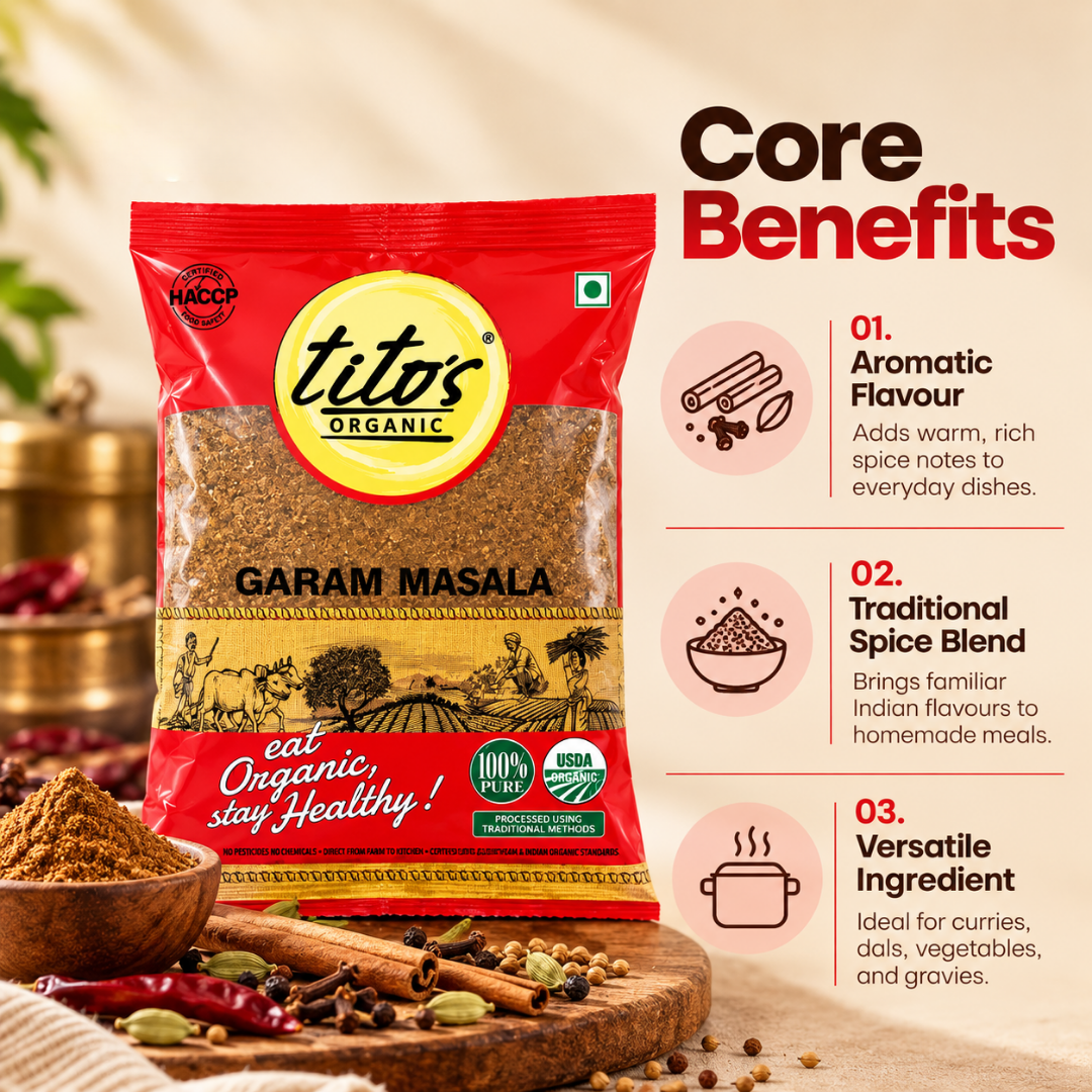 Tito’s Organic Garam Masala showcasing aromatic flavour, traditional spice blend characteristics, and versatile culinary uses.