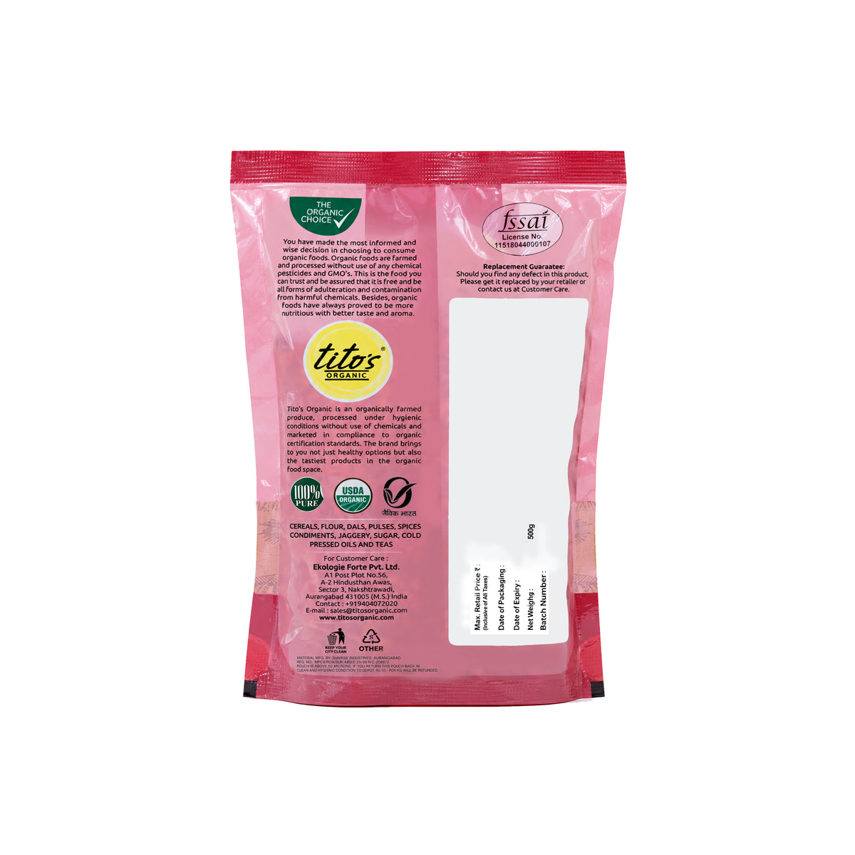 Tito’s Organic Groundnut 500 g back packaging showing product information and organic certification.
