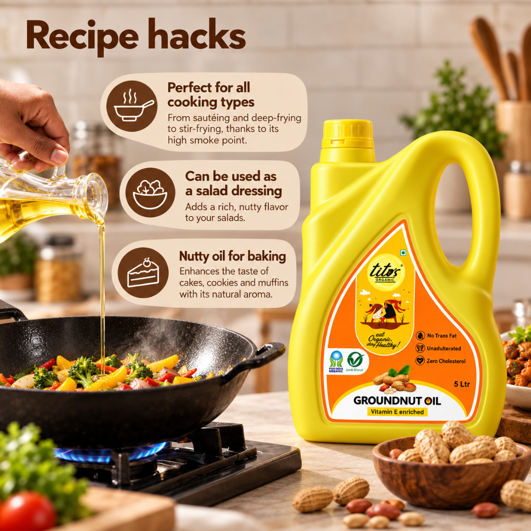 Tito's Organic Groundnut Oil for frying, sautéing, salad dressing, and everyday Indian cooking