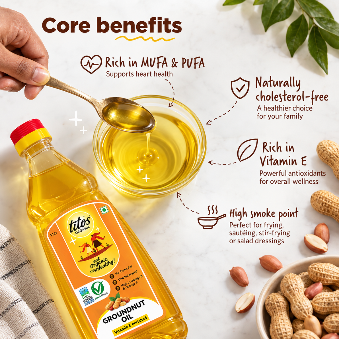 Tito’s Organic Groundnut Oil core benefits with MUFA PUFA vitamin E and high smoke point