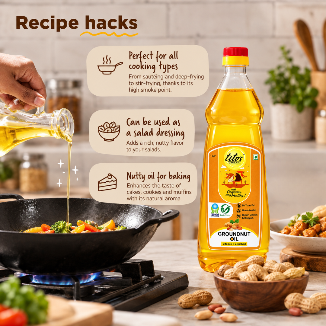 Tito’s Organic Groundnut Oil recipe ideas for frying sauteing stir-frying salad dressing and baking