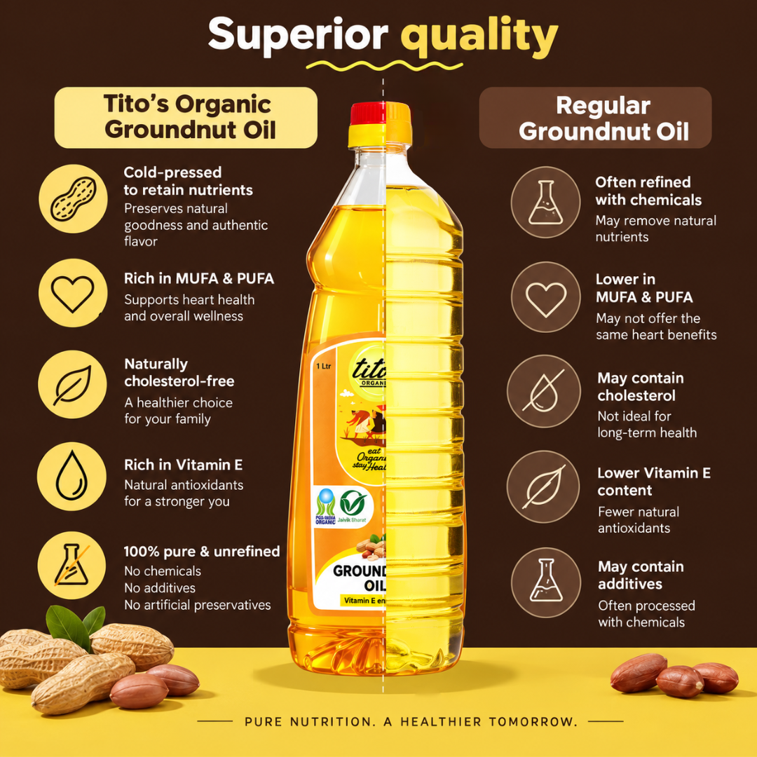 Tito’s Organic Groundnut Oil superior quality comparison with cold pressed processing and natural nutrients