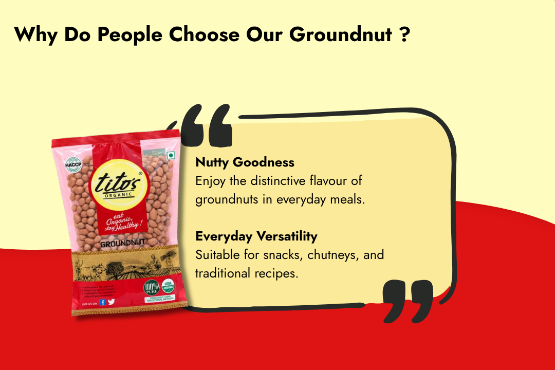 Tito’s Organic Groundnuts packaging with information about nutty flavour and versatility for snacks, chutneys, and traditional dishes.