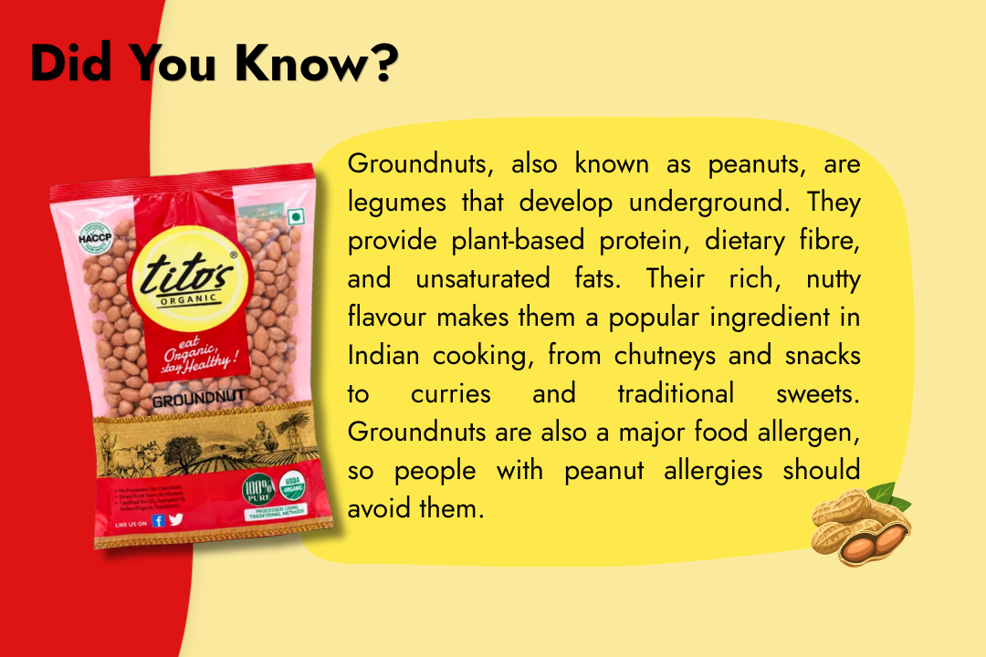 Tito’s Organic Groundnuts with information about their nutritional profile, culinary uses, and peanut allergy awareness.