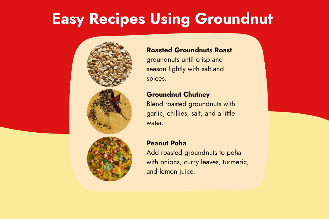 Easy groundnut recipes featuring roasted peanuts, homemade groundnut chutney, and peanut poha.