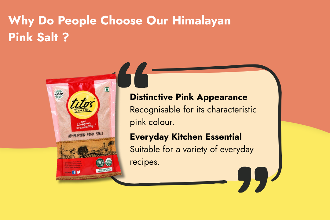 Tito’s Organic Himalayan Pink Salt by Milawat Free highlighting its distinctive pink colour and everyday use in cooking and recipes.