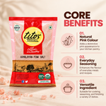 Tito’s Organic Himalayan Pink Salt highlighting its natural pink appearance, everyday seasoning uses, and versatility in cooking.