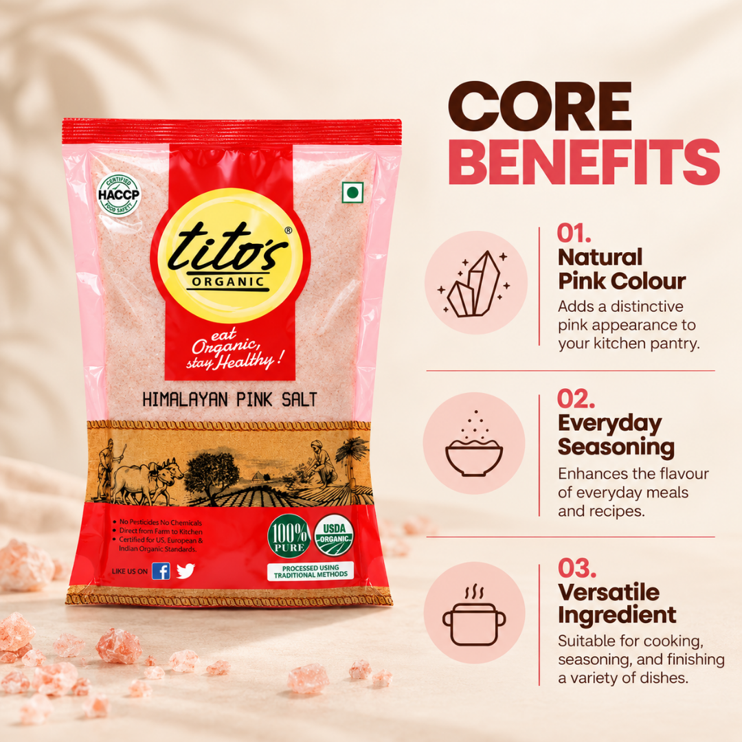 Tito’s Organic Himalayan Pink Salt highlighting its natural pink appearance, everyday seasoning uses, and versatility in cooking.