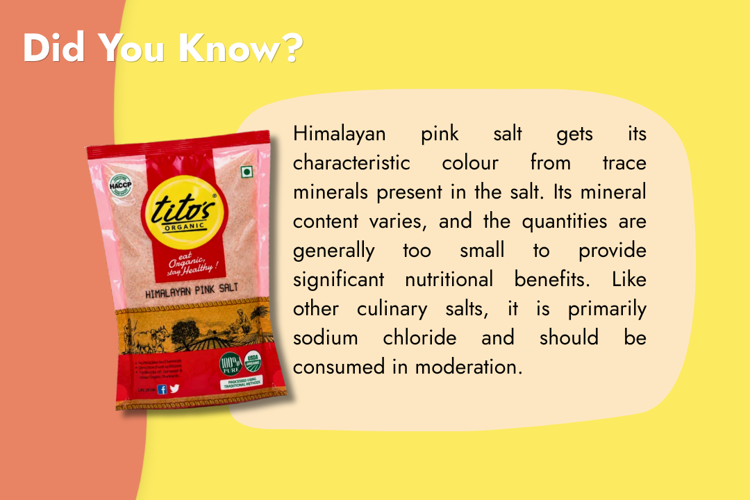 Tito’s Organic Himalayan Pink Salt by Milawat Free with information about its natural pink colour and mineral composition.