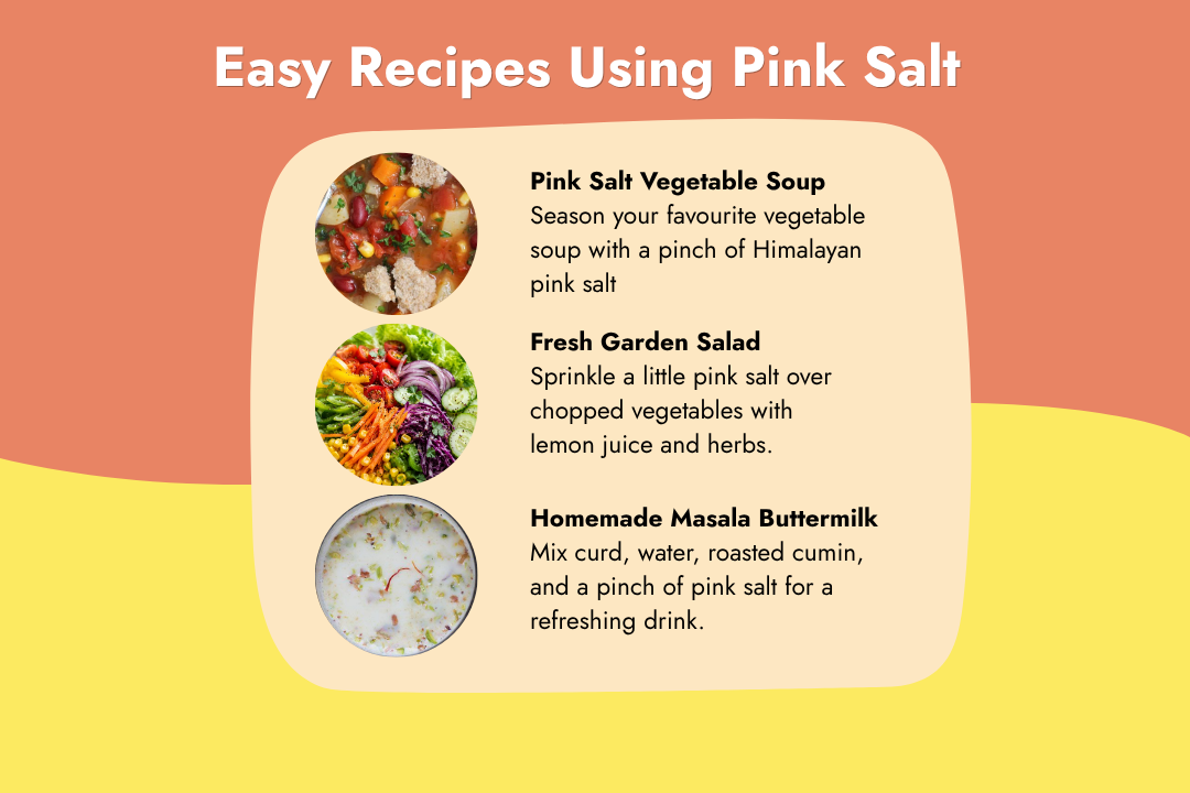 Easy recipes using Tito’s Organic Himalayan Pink Salt for vegetable soup, fresh garden salad, and masala buttermilk.