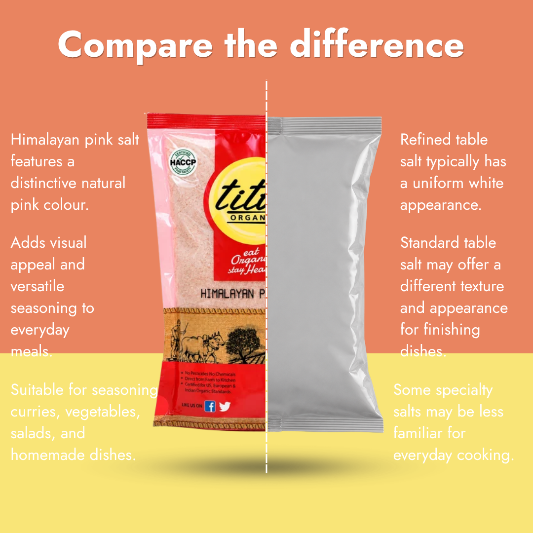 Comparison of Tito’s Organic Himalayan Pink Salt and regular table salt, highlighting differences in colour, appearance, and everyday culinary uses.