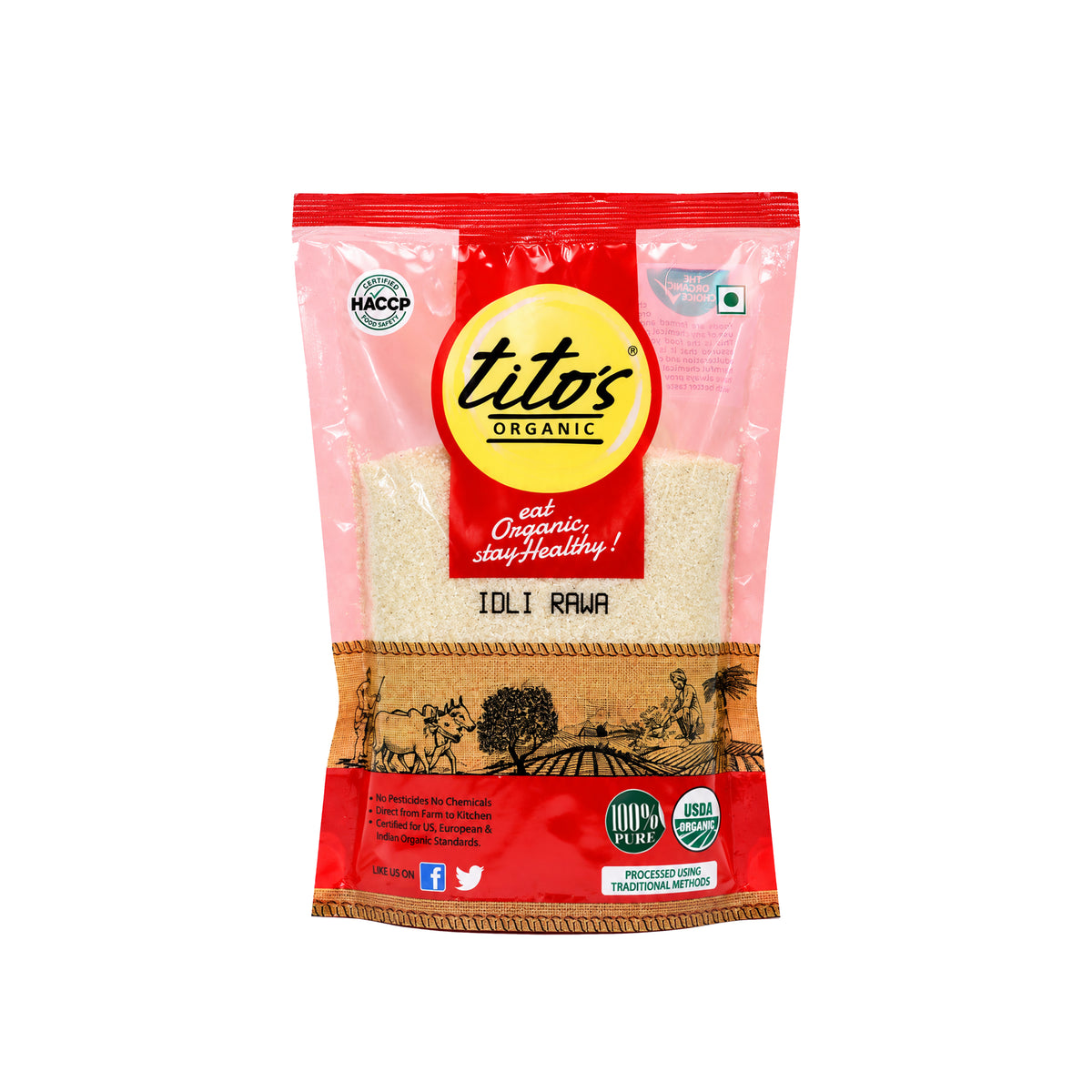 Tito’s Organic Idli Rawa 500 g pack for making traditional homemade idlis, available on Milawat Free.