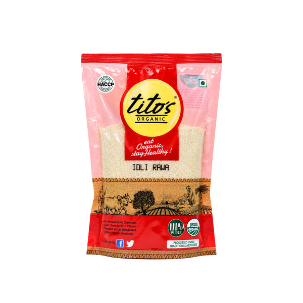Tito’s Organic Idli Rawa 500 g pack for making traditional homemade idlis, available on Milawat Free.