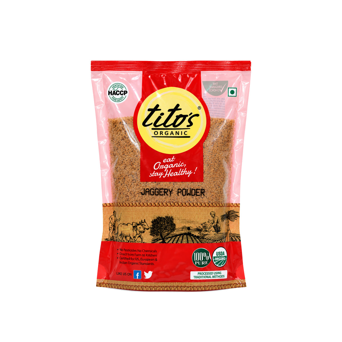 Tito’s Organic Jaggery Powder 500 g pack, organic jaggery powder for traditional Indian cooking, available on Milawat Free.