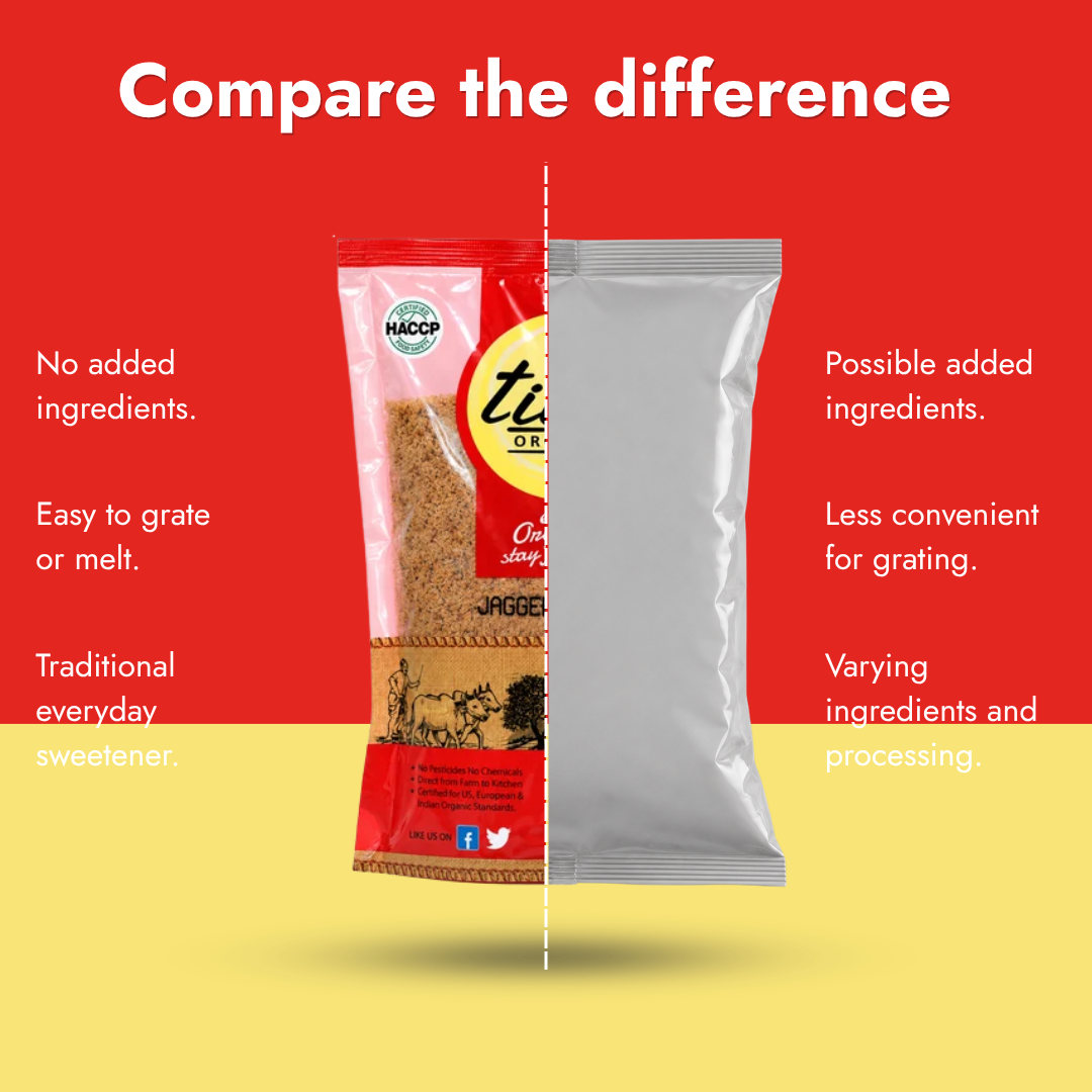 Comparison of Tito’s Organic Jaggery Powder with other jaggery products, highlighting ingredient information, ease of use, and cooking applications