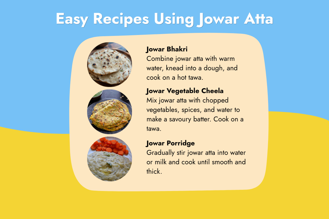 Easy recipes using Tito’s Organic Jowar Atta for jowar bhakri, vegetable cheela, and jowar porridge.