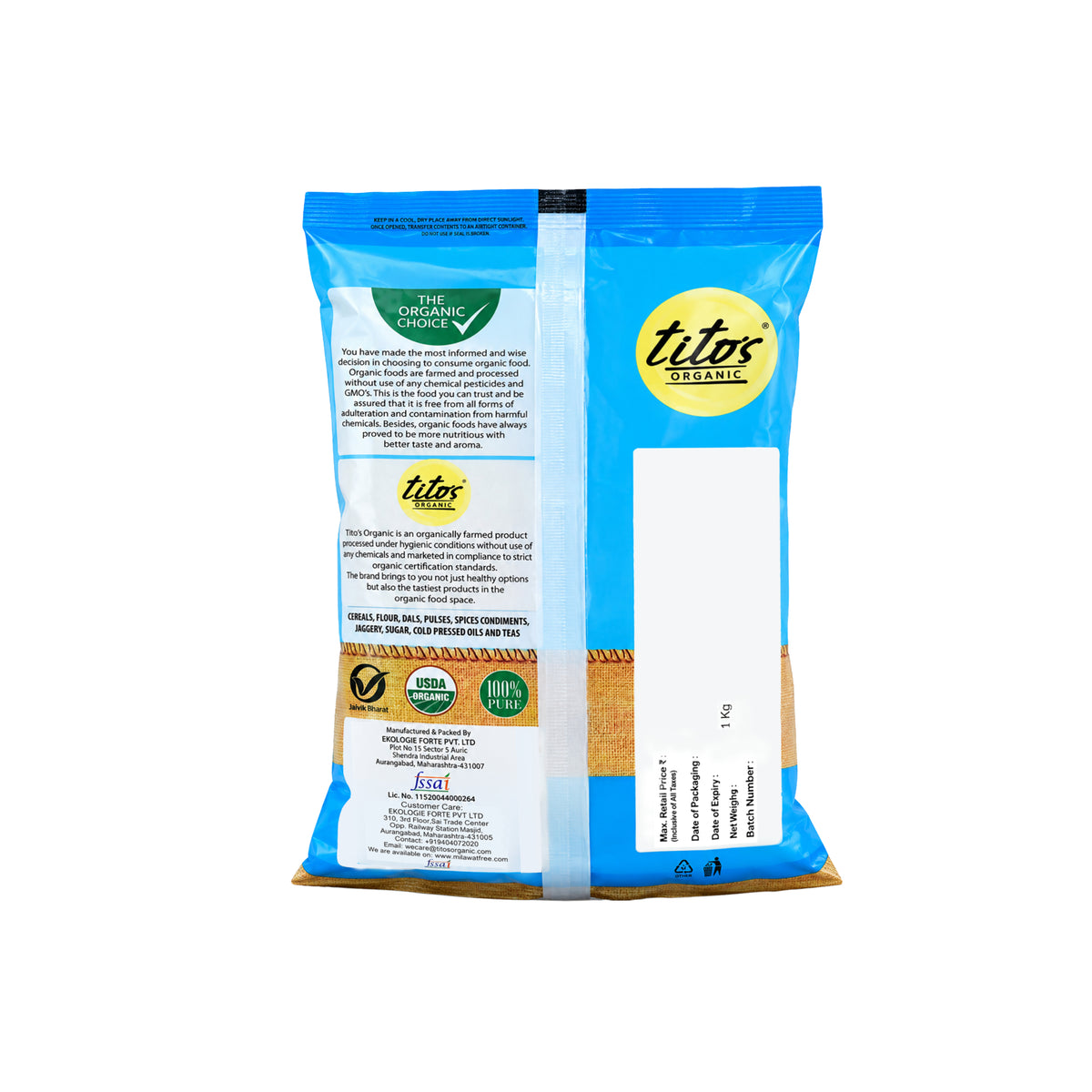 Tito’s Organic Jowar Flour 1 kg back packaging showing product information and organic certification marks.