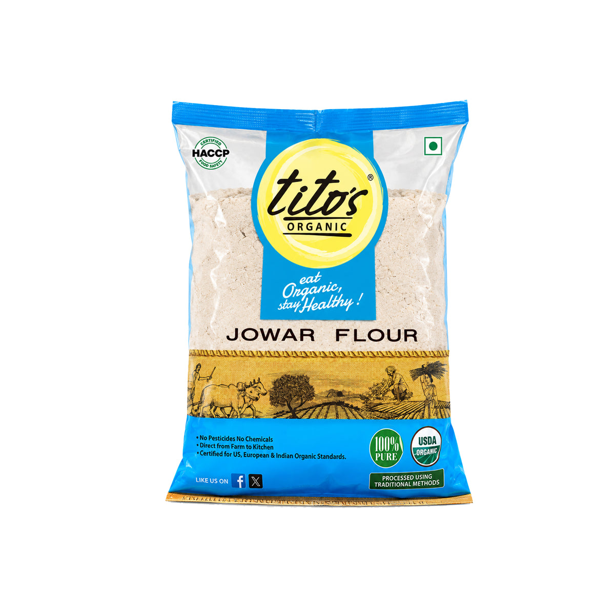 Tito’s Organic Jowar Flour 1 kg front pack of sorghum flour available from Milawat Free.