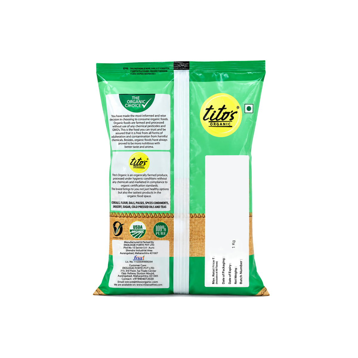 Back packaging of Tito’s Organic Jowar Grain 1 kg showing product and packaging details.