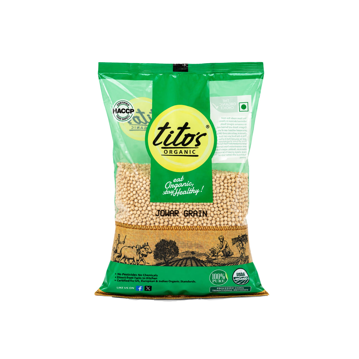 Tito’s Organic Jowar Grain 1 kg pack of organic sorghum grain.