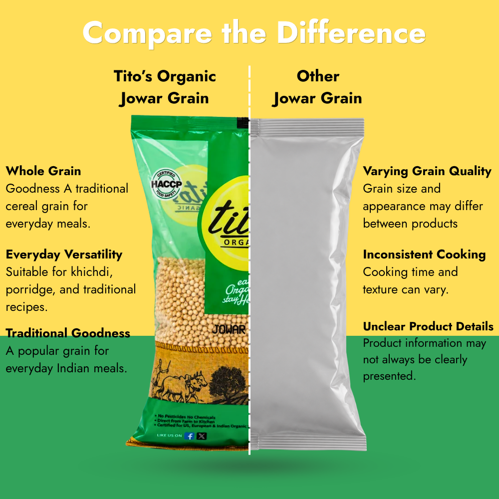 Comparison of Tito’s Organic Jowar Grain with other jowar grain products based on grain quality, cooking versatility and product information