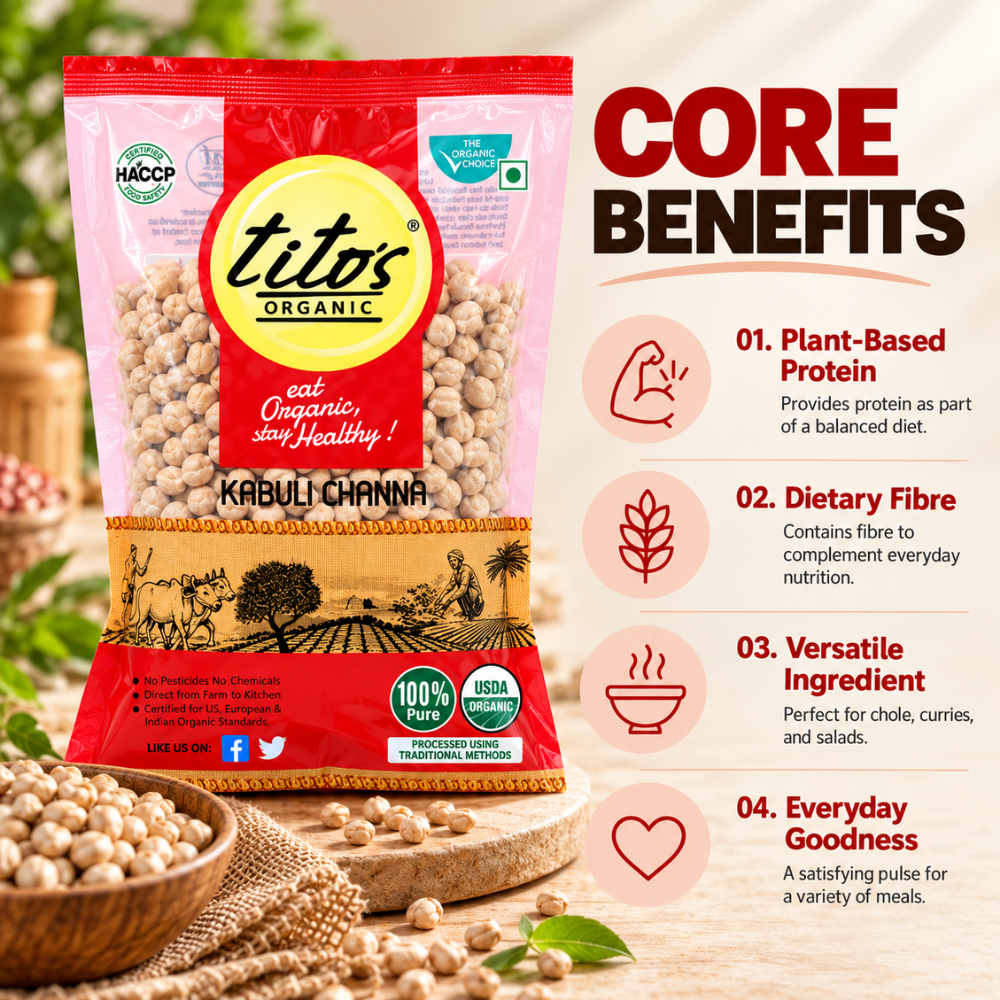 Tito’s Organic Kabuli Channa highlighting plant-based protein, dietary fibre and everyday cooking versatility