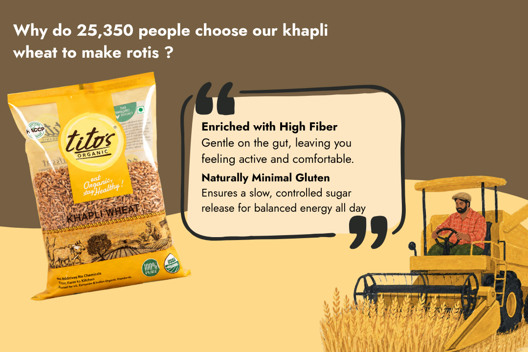 Tito's Organic Khapli Wheat benefits with high fiber and naturally minimal gluten | milawat free