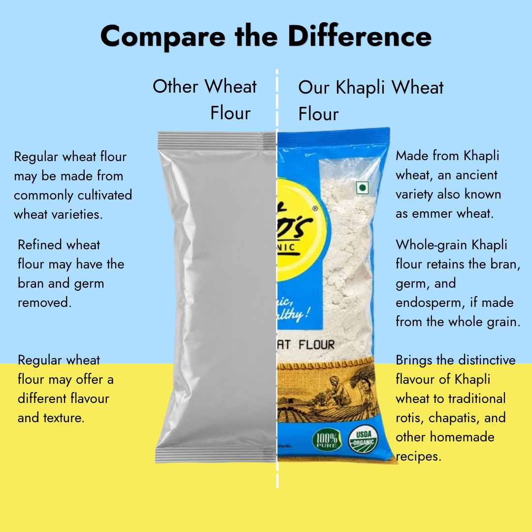 Comparison of regular wheat flour and Tito’s Organic Khapli Wheat Flour, showcasing emmer wheat and its traditional culinary uses.