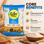 Tito’s Organic Khapli Wheat Flour highlighting its traditional wheat variety, dietary fibre, and versatility for everyday cooking.