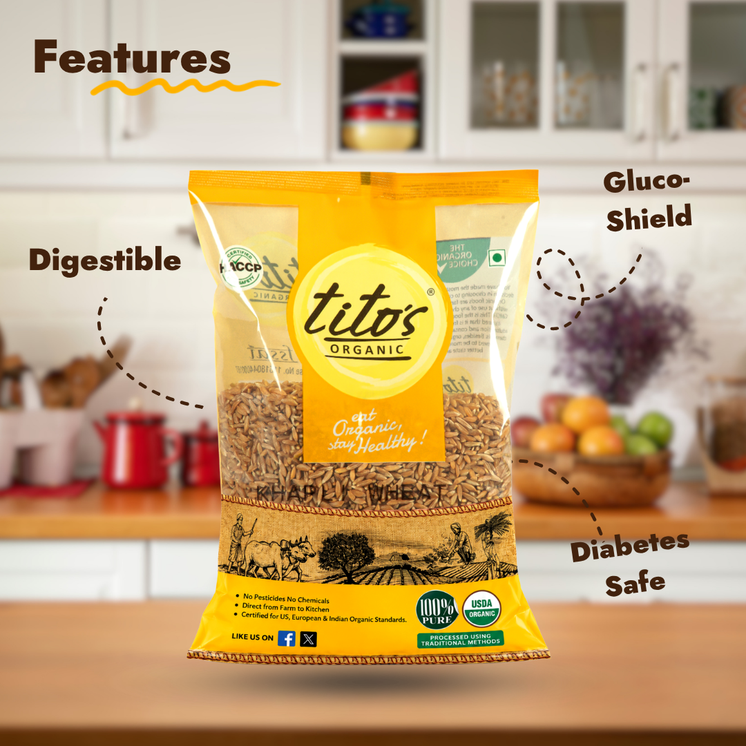 Titos Organic Khapli Wheat features organic whole grain wheat packaging