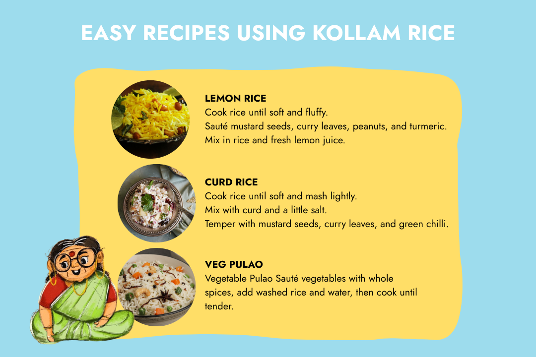 Easy recipes using Tito’s Organic Kollam Rice, including lemon rice, curd rice and vegetable pulao