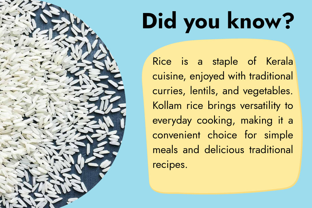 Close-up of Kollam rice grains with information about their use in traditional Kerala cuisine and everyday meals
