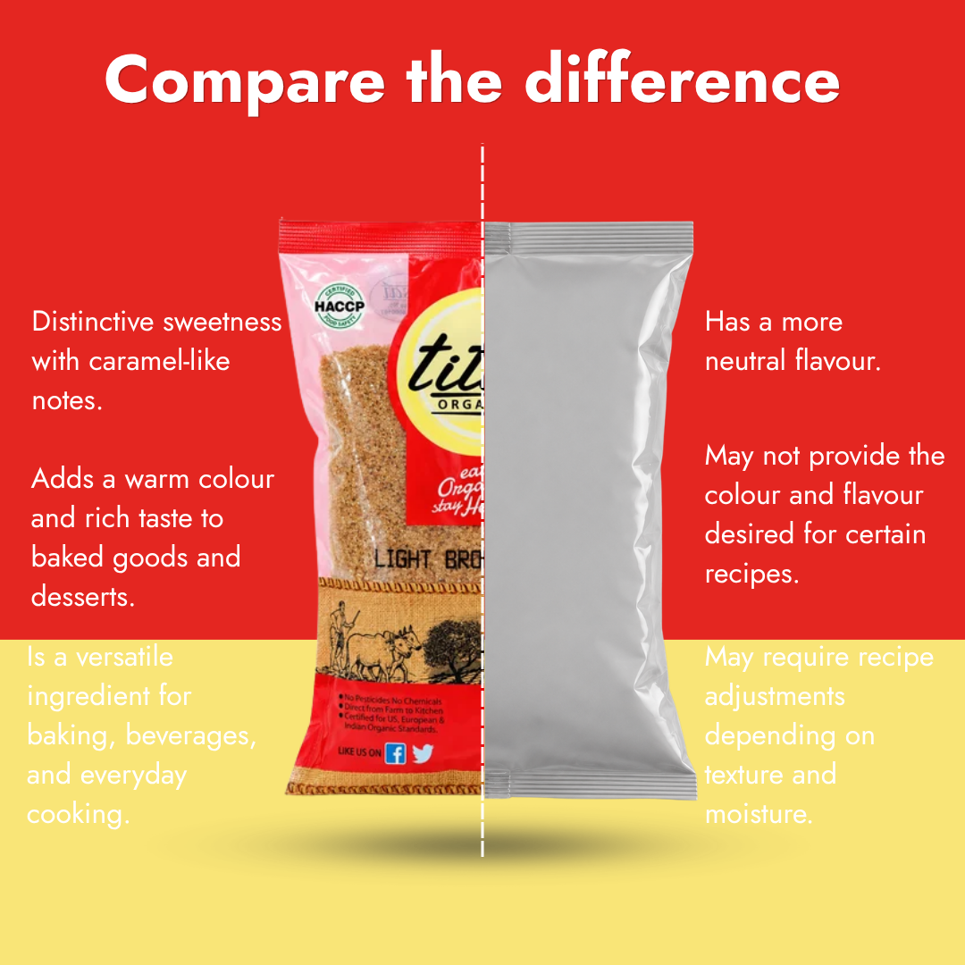 Comparison of Tito’s Organic Light Brown Sugar with other brown sugar products, highlighting flavour, colour, and cooking applications