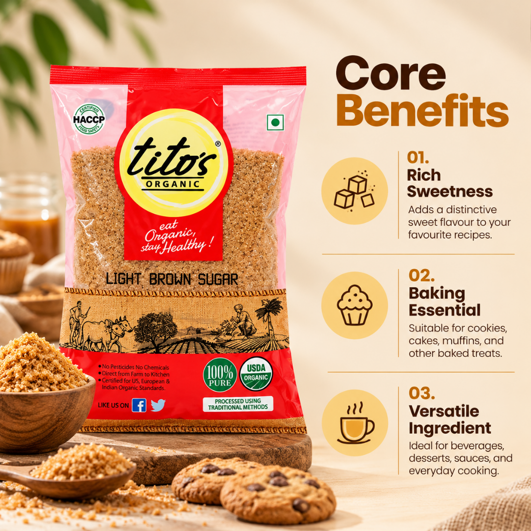 Tito’s Organic Light Brown Sugar highlighting its rich sweetness, baking uses, and versatility in beverages and everyday cooking