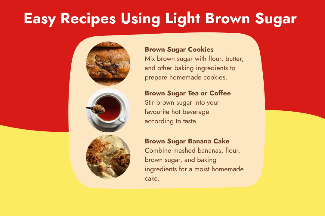 Easy recipes using Tito’s Organic Light Brown Sugar, including brown sugar cookies, tea or coffee, and banana cake, available on Milawat Free