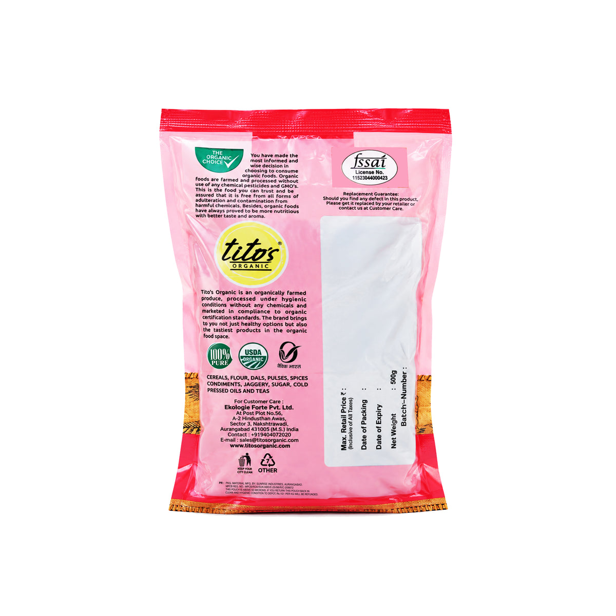 Back packaging of Tito’s Organic Matki 500 g showing organic product and packaging details.