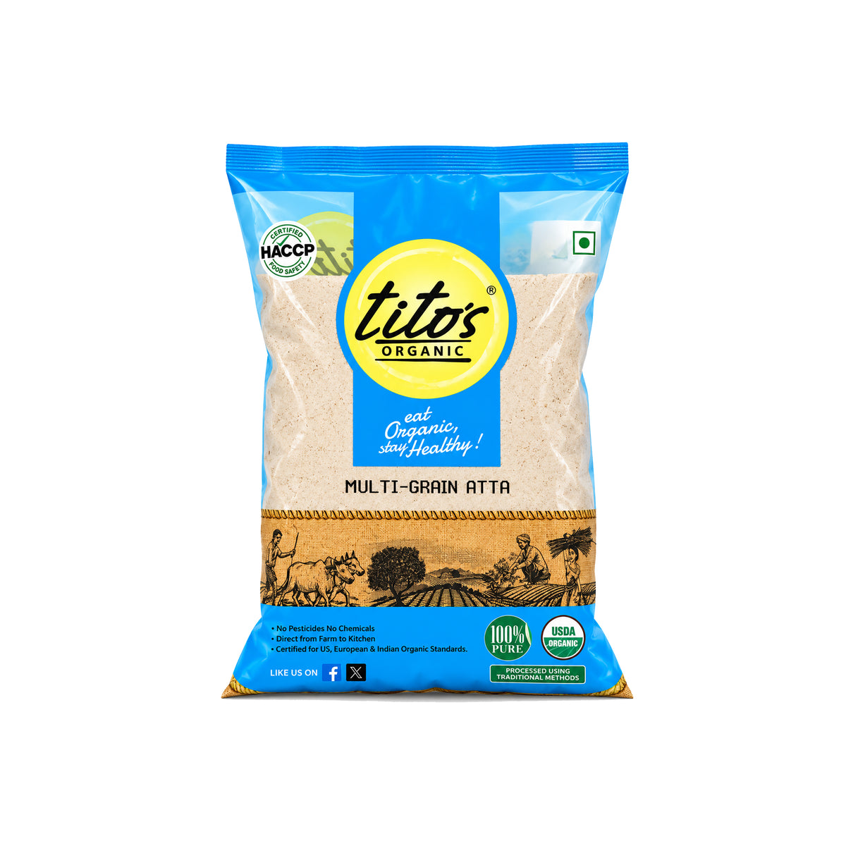 Tito’s Organic Multi-Grain Atta 1 kg pack for making rotis, chapatis and traditional Indian recipes, available on Milawat Free.