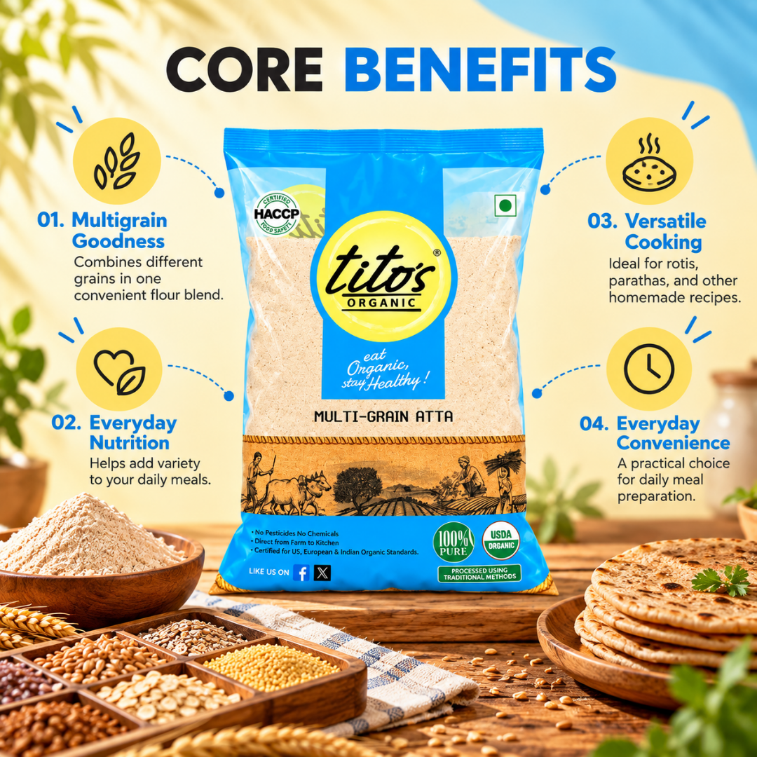 Tito’s Organic Multigrain Atta showcasing its multigrain blend, everyday versatility and suitability for rotis, parathas and homemade recipes