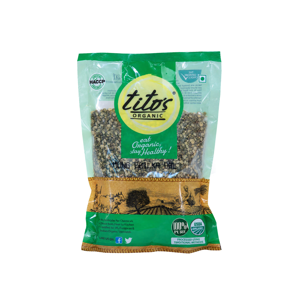 Tito’s Organic Mung Chilka Dal 500 g pack of organic split green gram available on Milawat Free.