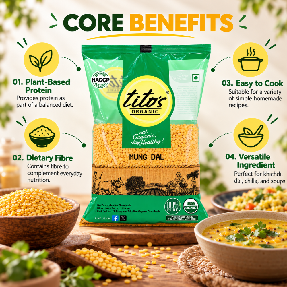 Tito’s Organic Mung Dal with key features including plant-based protein, dietary fibre, easy cooking and versatile use