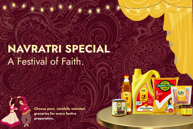 Navratri Special banner featuring pure groceries milawat free