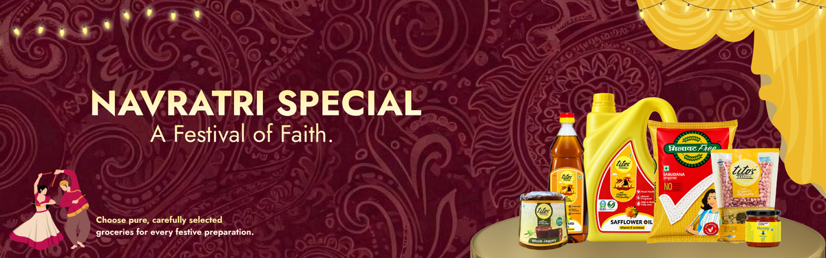 Navratri Special banner featuring pure groceries and cooking essentials for festive preparations Milawat Free