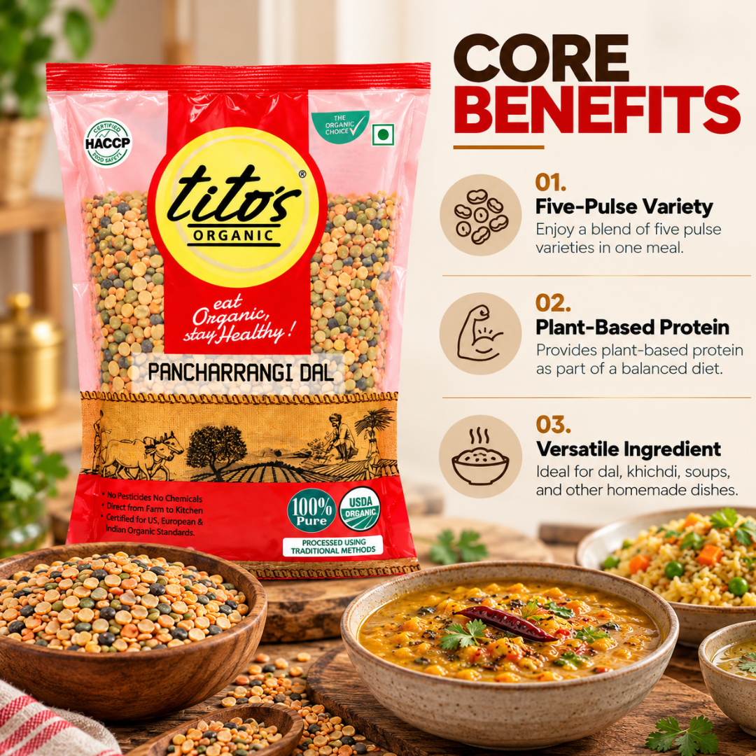 Tito’s Organic Pancharangi Dal highlighting its five-pulse variety, plant-based protein, and versatility for homemade meals.