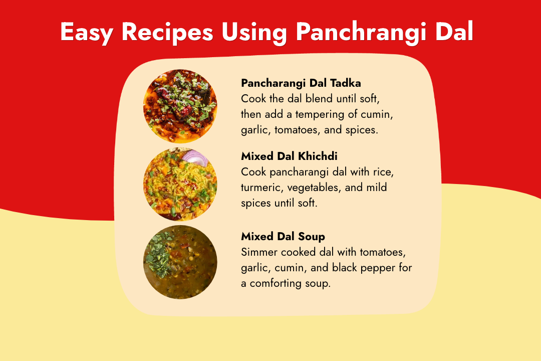 Easy Pancharangi Dal recipes featuring dal tadka, mixed dal khichdi, and comforting mixed dal soup.