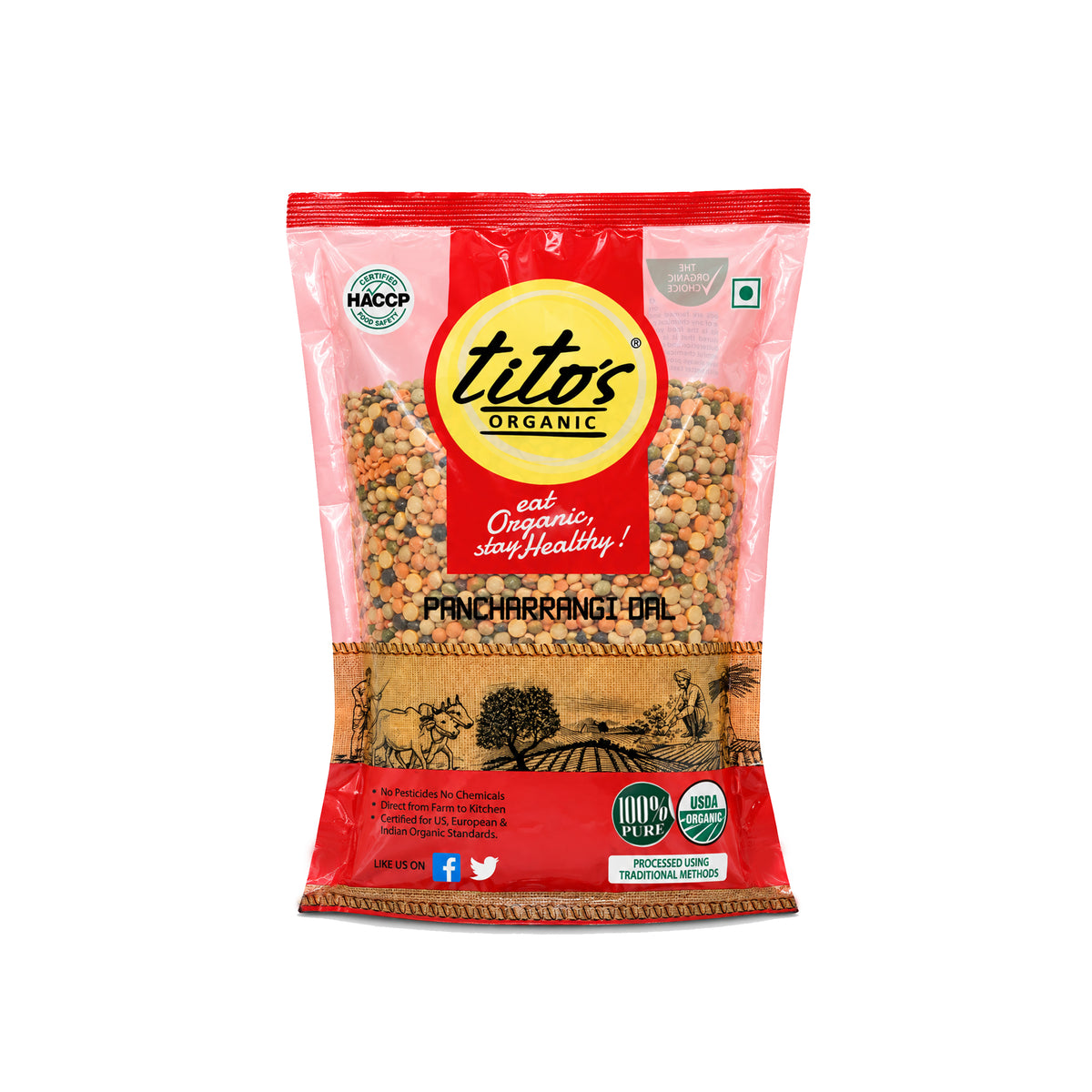 Tito’s Organic Panchrangi Dal 500 g pack of organic mixed pulses available on Milawat Free.