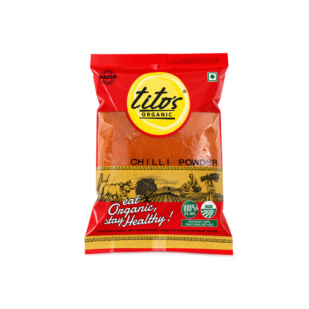 Tito’s Organic Red Chilli Powder 250 g front pack available from Milawat Free.
