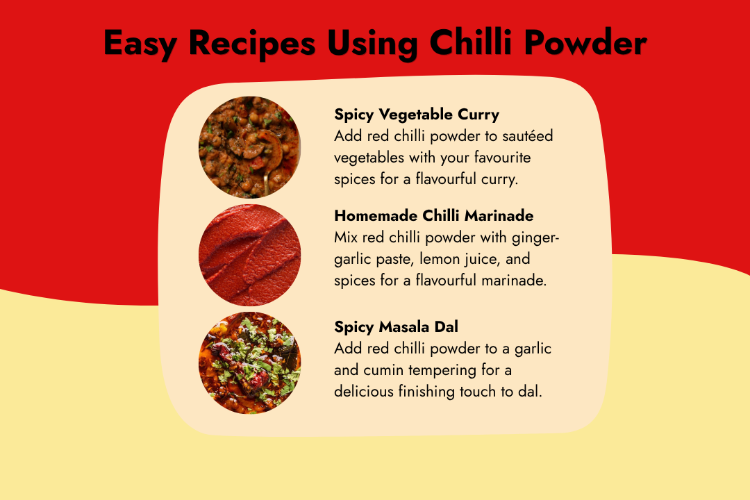 Easy recipes using Tito’s Organic red chilli powder, including spicy vegetable curry, homemade chilli marinade, and spicy masala dal.