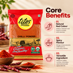 Tito’s Organic red chilli powder showcasing its red colour, spicy flavour, and versatility for curries, chutneys, and homemade spice blends.