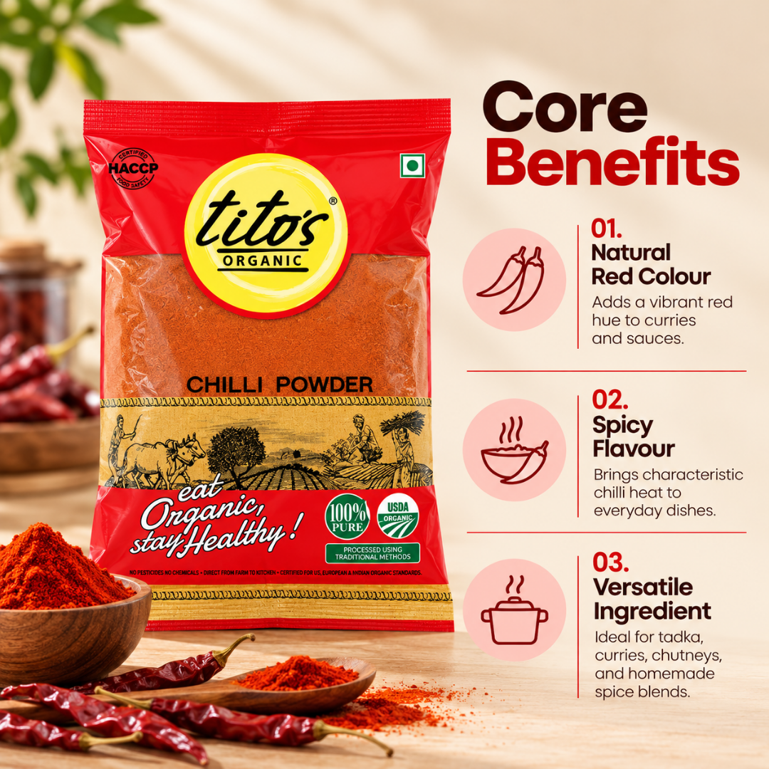 Tito’s Organic red chilli powder showcasing its red colour, spicy flavour, and versatility for curries, chutneys, and homemade spice blends.